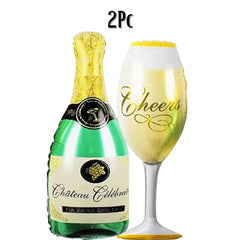 Happy New Year 2024 Decoration Kit - 2pc Champagne and Glass Combo, 37pc Black, Gold, Confetti Balloons | New Year Decoration (New Year Decor Set of 37pc)