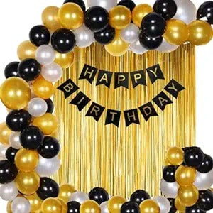 Golden Birthday Decoration Set - 45 Balloons, Gold & Black Birthday Banner, 2pc Golden Curtain ( Gold & Black Theme Birthday Decoration for Girls / Boys / Adult Party )