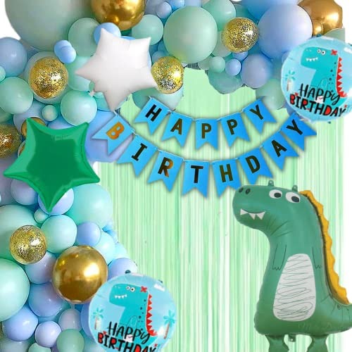 Dinosaur Theme Birthday Decoration Pack for Kids Party / Boys - 68pc - 1 Banner, 5pc Dinosaur Balloon Set, 60 Balloons, 2 Pastel Green Curtain ( Jungle Birthday Theme Decoration )