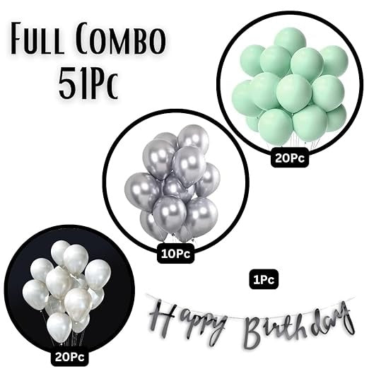 51Pc Pastel Green & Silver Birthday Decoration Kit for Adult / Girls / Boys / 1st Birthday - 50pc Balloons, 1 Banner ( 51pc Theme Birthday Decoration Items)