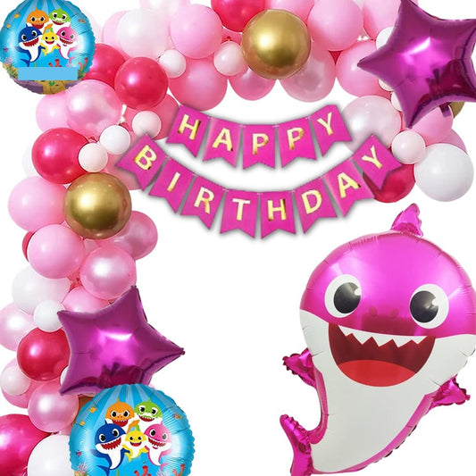 Pink Shark Theme Pack of 66 Pc - 60 Balloons, 1 Banner, 5pc Shark Foil Balloon Set (Pink Shark Birthday Decoration Theme for Girls / Boys / Kids Party )