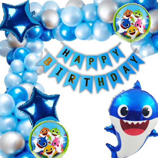Blue Shark Birthday Decoration Theme 66pc | 60 Balloons, 1 Banner, 5pc set of Shark Foil Balloon. (Blue Shark Theme Birthday Decoration for Girls / Boys / Kids Party )