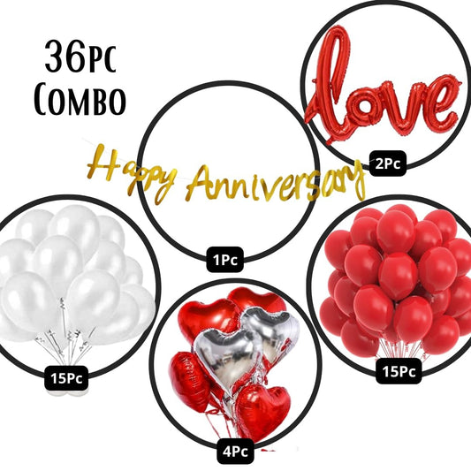 Red, White & Gold Anniversary Decorations for Couples, Red, White & Gold Anniversary Theme Decorations, Anniversary Decoration Items for Couples, Parents, Newly Wed, Love Balloon, SIlver & Red Hearts