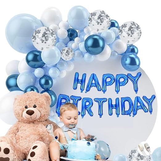 Silver, White & Blue Birthday Decoration Set for Boys, Girls, Adults- White, Silver & Blue Birthday Decorations , Blue Balloons Party Decorations Theme