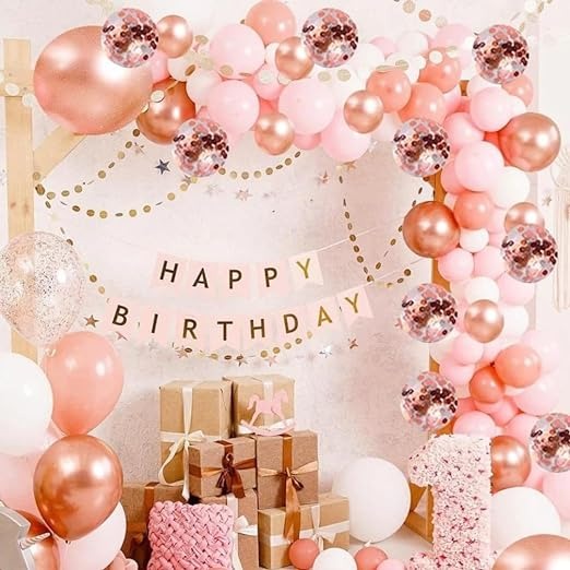 White & Pink Birthday Decorations for Girls, Kids Party, Woman, Boys, Adult- Pink Theme Birthday Decoration Set, Rose Gold & Pink Party Supplies for Birthday, Pink Balloons Decoration Combo