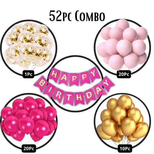 Gold & Pink Birthday Decorations for Girls, Kids Party, Woman, Boys, Adult- Pink Theme Birthday Decoration Set, Pink Balloons Decoration Combo