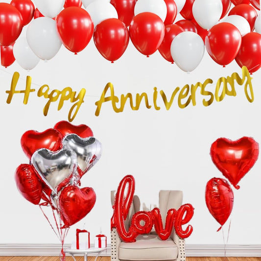 Red, White & Gold Anniversary Decorations for Couples, Red, White & Gold Anniversary Theme Decorations, Anniversary Decoration Items for Couples, Parents, Newly Wed, Love Balloon, SIlver & Red Hearts