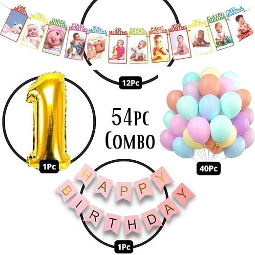 First Birthday Decorations for Boys, Girls, Kids - Multicolor 1st Birthday Decorations for Girls - 1st Birthday Theme Decoration Combo - 1st Birthday Party Supplies for Girls