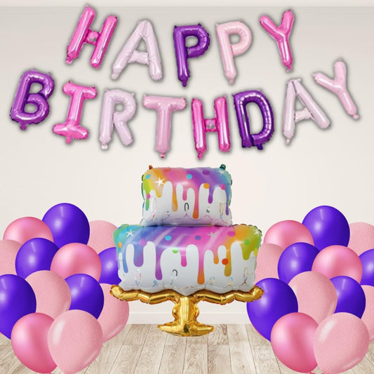 Multicolor Birthday Theme Decoration Combo of 44 for Girls / Boys / 1st Birthday - 1 32' Cake, 13 Happy Birthday Balloon, 30 Balloon (Cake Theme Birthday Decoration Set )