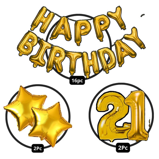 Happy Birthday Foil Balloon Set 21 Birthday Theme Decorations Kit for Boys Girls Kids Party (Gold)