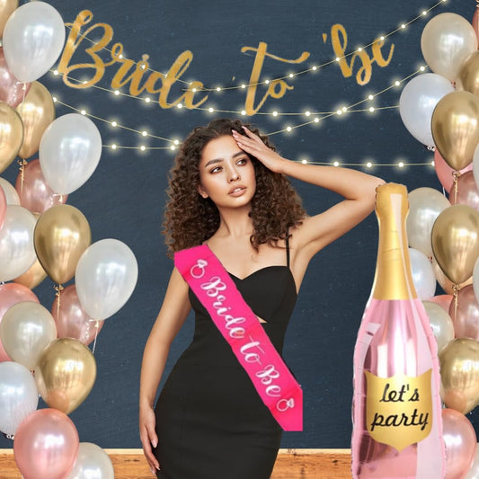 House of Banter Bride to Be Party Decoration Combo: 41pc Set with Sash, Banner, 2 Fairy Lights, Rose Gold champagne balloon and Metallic Balloons ( Bridal Shower Theme Decoration Set )