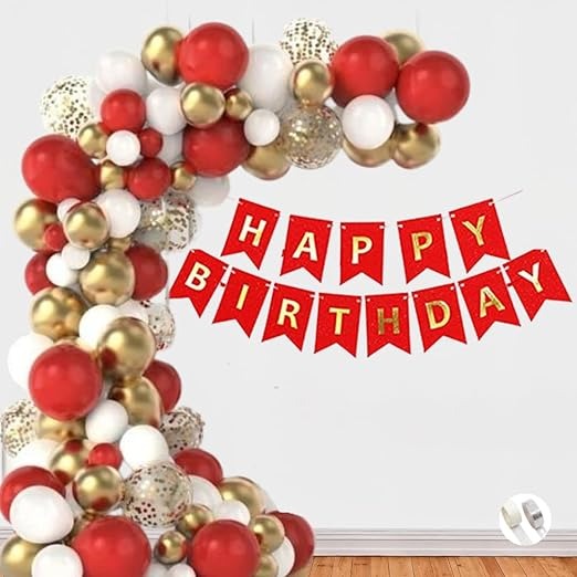 Gold, White & Red Birthday Decorations for Girls, Kids Party, Woman, Boys, Couples, Adult- White & Red Theme Birthday Decoration Set, Gold & Red Party Supplies