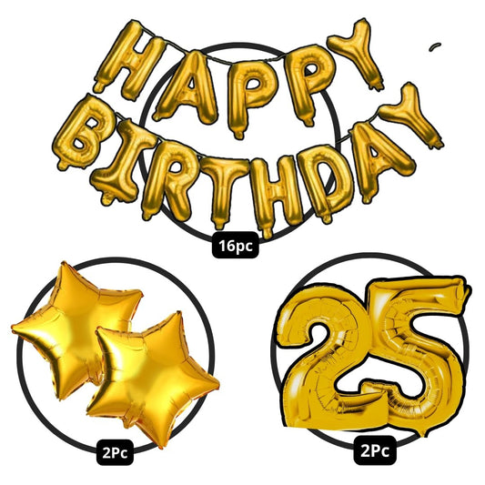 Happy Birthday Foil Balloon Set 25 Birthday Theme Decorations Kit for Boys Girls Kids Party (Gold)