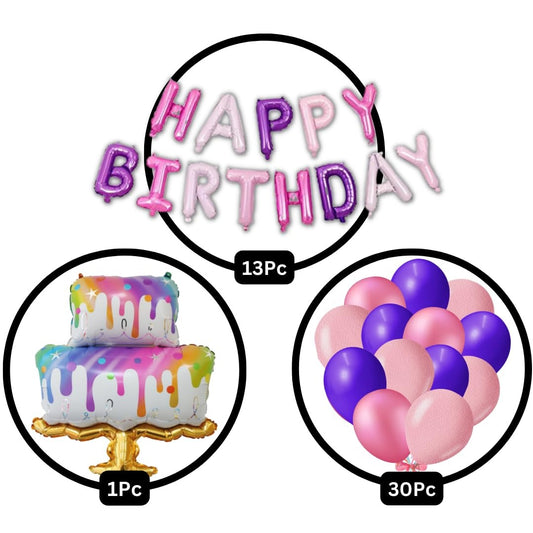 Multicolor Birthday Theme Decoration Combo of 44 for Girls / Boys / 1st Birthday - 1 32' Cake, 13 Happy Birthday Balloon, 30 Balloon (Cake Theme Birthday Decoration Set )