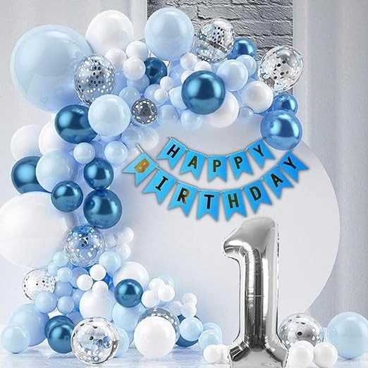 Blue First Birthday Decorations for Boys, Kids - 1st Birthday Decorations for Boys - 1st Birthday Theme Decoration Combo - 1st Birthday Party Supplies for Boys