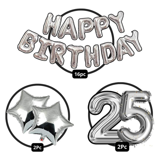 Happy Birthday Foil Balloon Set 25 Birthday Theme Decorations Kit for Boys Girls Kids Party (Silver)