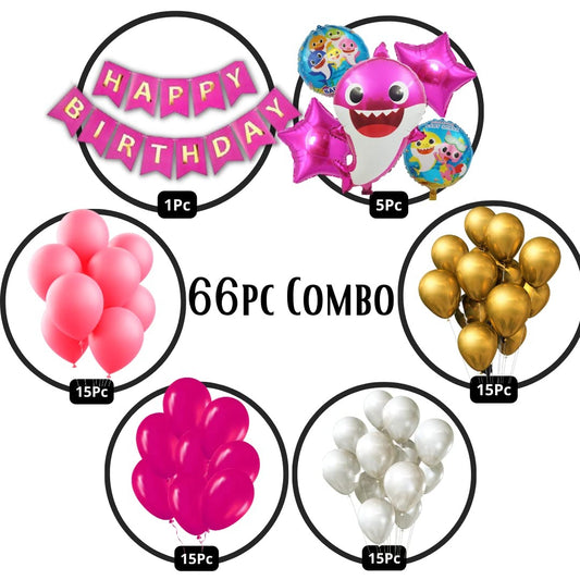 Pink Shark Theme Pack of 66 Pc - 60 Balloons, 1 Banner, 5pc Shark Foil Balloon Set (Pink Shark Birthday Decoration Theme for Girls / Boys / Kids Party )
