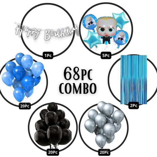 Boss Birthday Decorations for Boy / Girl / 1st Birthday - 60 Balloons, 5pc Baby Foil Set, 1 Banner, 2 Blue Curtains ( Boss Theme Birthday Decorations Combo for 1st Birthday / Boys / Girls )