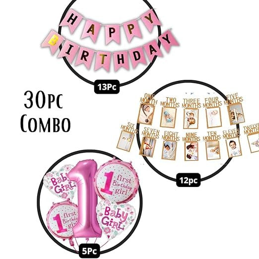 First Birthday Decorations for Girls, Kids - Pink 1st Birthday Decorations for Girls - 1st Birthday Theme Decoration Combo - 1st Birthday Party Supplies for Girls