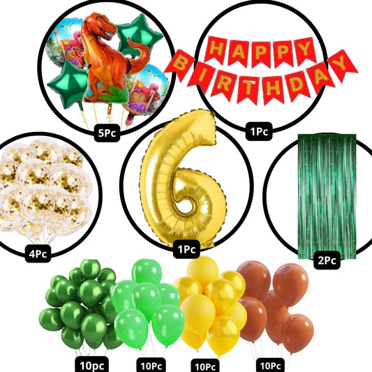 Scary Dinosaur Theme 6th Birthday Party Decoration-53Pcs Combo 40pc Multicolor Balloons, 4pc Confetti Balloons, 1 Scary Dinosaur Foil Balloons set of 5, 1 Happy Birthday Banner, 2pc Green curtains, No.6 Foil Balloon (6th Birthday)