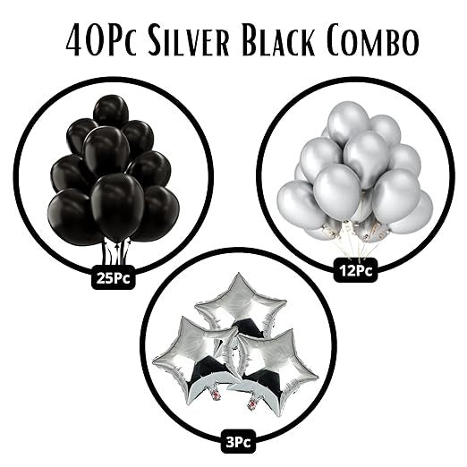 40Pc Silver Black Balloon Bouquet | Silver Birthday Decoration Items | Silver Heart Balloons | 25th Anniversary Decoration Items