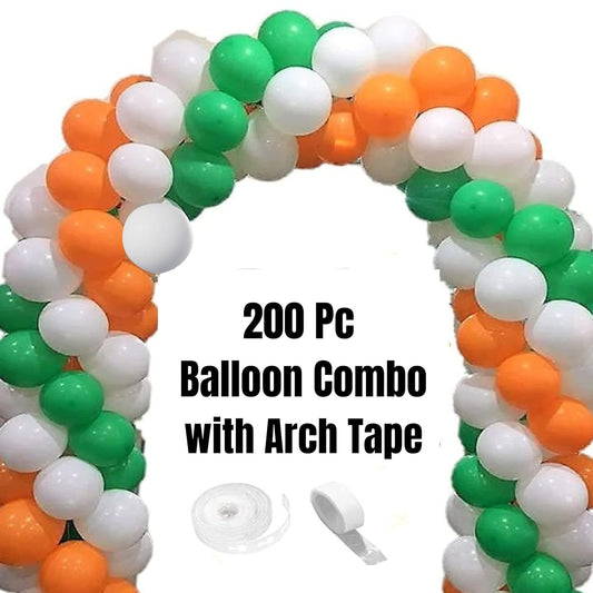 200Pc Tricolour Republic Day Decorations - Orange, Green and White Balloons with Arch Tape | Republic Day Balloons for House, Office, Outdoors