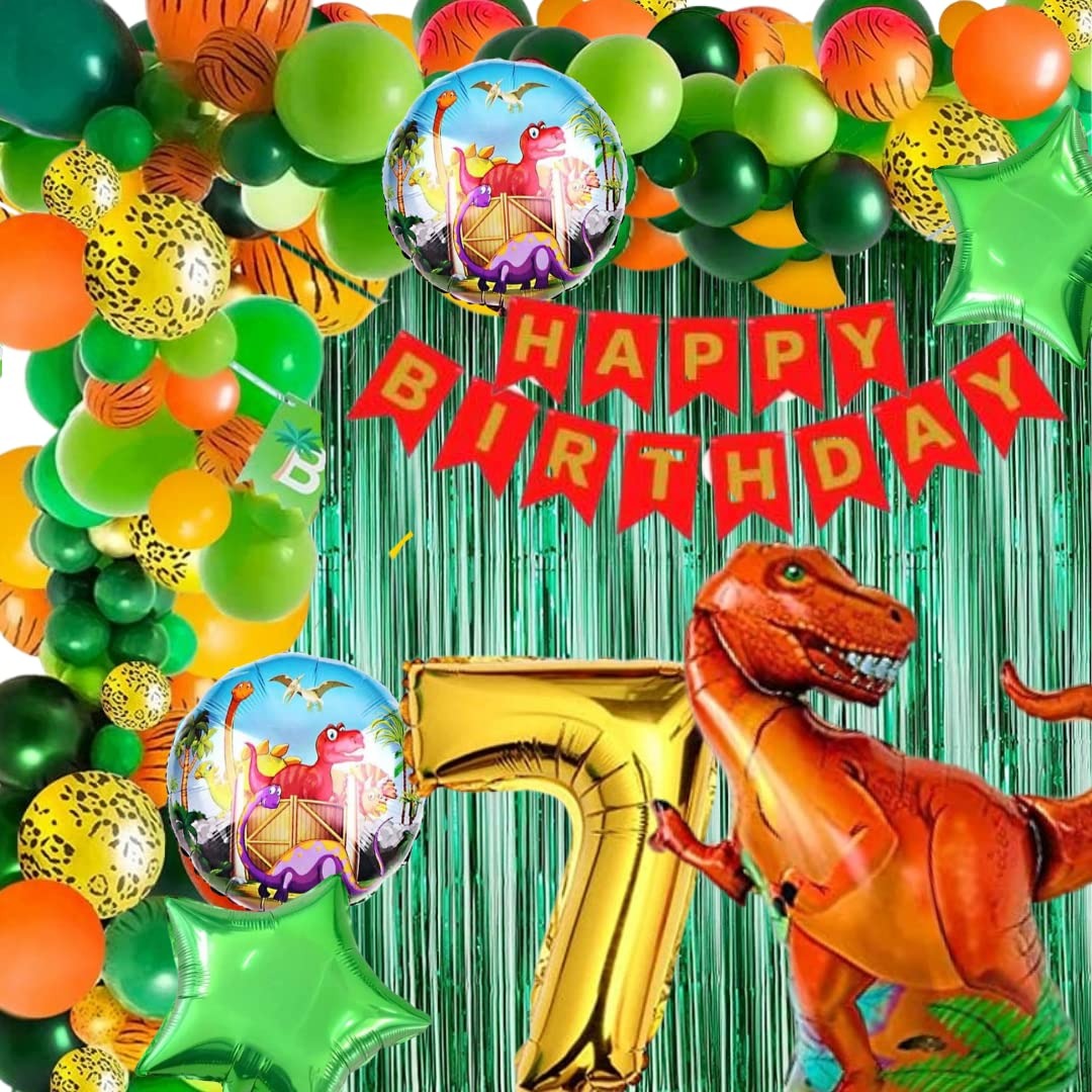 Scary Dinosaur Theme 7th Birthday Party Decoration-53Pcs Combo -40pc Multicolor Balloons, 4pc Confetti Balloons, 1 Scary Dinosaur Foil Balloons set of 5, 1 Happy Birthday Banner, 2pc Green curtains, No.7 Foil Balloon (7th Birthday)