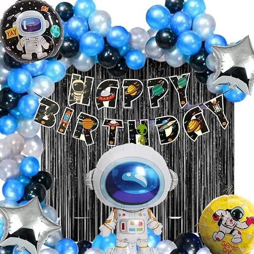 Premium Astronaut Theme Birthday Decorations for Boys, Kids Party, Girls - Space Theme Birthday Decoration Set, Silver, Blue & Black Birthday Decorations, Space Birthday Decoration Theme