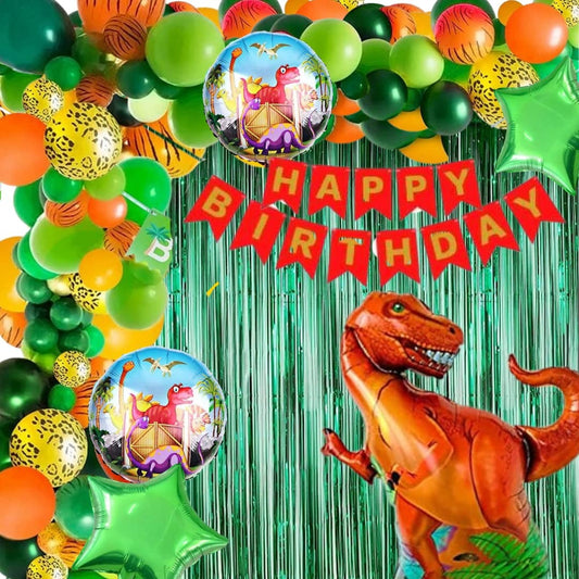 Scary Dinosaur Theme Birthday Decoration Pack Of 52 - Pc 40 Balloons,4 Confetti Balloons, 5 Pc Dinosaur Foil Balloons, 1 Banner, 2Pc Green Curtains