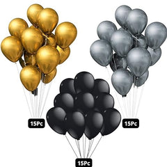 Birthday set - 45 Gold, Black & Silver Balloons, Happy Birthday silver letter Balloon, 2pc gold Curtain