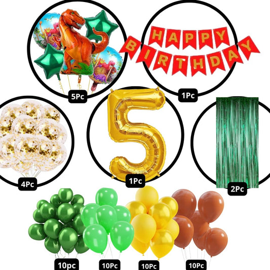 Scary Dinosaur Theme 5th Birthday Party Decoration-53Pcs Combo 40pc Multicolor Balloons, 4pc Confetti Balloons, 1 Scary Dinosaur Foil Balloons set of 5, 1 Happy Birthday Banner, 2pc Green curtains, No.5 Foil Balloon (5th Birthday)