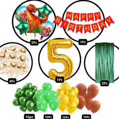 Scary Dinosaur Theme 5th Birthday Party Decoration-53Pcs Combo 40pc Multicolor Balloons, 4pc Confetti Balloons, 1 Scary Dinosaur Foil Balloons set of 5, 1 Happy Birthday Banner, 2pc Green curtains, No.5 Foil Balloon (5th Birthday)