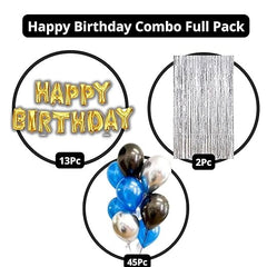 Birthday decoration Combo - 45 Blue, Black & Silver balloons, Happy Birthday Gold letter Balloon, 2pc Silver Curtain | Blue birthday decor | Happy birthday boy or girl