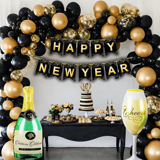 Happy New Year 2024 Decoration Kit - 2pc Champagne and Glass Combo, 37pc Black, Gold, Confetti Balloons | New Year Decoration (New Year Decor Set of 37pc)