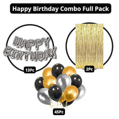 Birthday set - 45 Gold, Black & Silver Balloons, Happy Birthday silver letter Balloon, 2pc gold Curtain