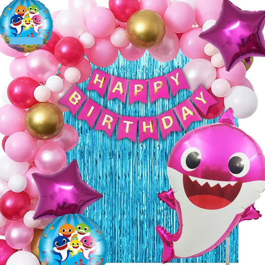 Pink Shark Theme Birthday Decorations Combo 68pc - 60 Balloons, 1 Banner, 1 5pc Shark Foil Balloon Set, 2 Blue Curtain (Pink Shark Birthday Decoration Theme )