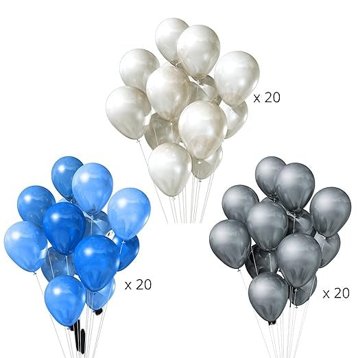 1st Birthday Decoration Kit for Boys - 68pc Combo- 60pc Blue, Silver & White balloons, 1 banner, 1st birthday foil balloon Set of 5, 2 Silver Curtains ( First Birthday Theme Decorations for Boys )