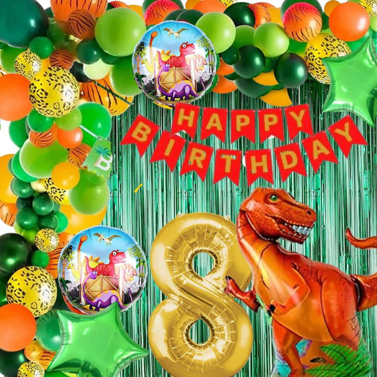 Scary Dinosaur Theme 8th Birthday Party Decoration-53Pcs Combo 40pc Multicolor Balloons, 4pc Confetti Balloons, 1 Scary Dinosaur Foil Balloons set of 5, 1 Happy Birthday Banner, 2pc Green curtains, No.8 Foil Balloon (8th Birthday)