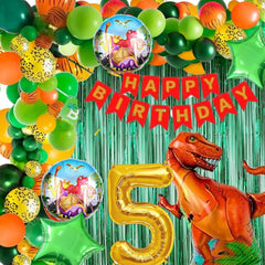 Scary Dinosaur Theme 5th Birthday Party Decoration-53Pcs Combo 40pc Multicolor Balloons, 4pc Confetti Balloons, 1 Scary Dinosaur Foil Balloons set of 5, 1 Happy Birthday Banner, 2pc Green curtains, No.5 Foil Balloon (5th Birthday)