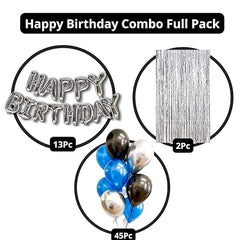 Birthday decoration Combo - 45 Blue, Black & Silver balloons, Happy Birthday Silver letter Balloon, 2pc Silver Curtain | Boy Birthday decoration | Blue Birthday Decor