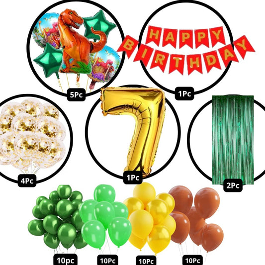 Scary Dinosaur Theme 7th Birthday Party Decoration-53Pcs Combo -40pc Multicolor Balloons, 4pc Confetti Balloons, 1 Scary Dinosaur Foil Balloons set of 5, 1 Happy Birthday Banner, 2pc Green curtains, No.7 Foil Balloon (7th Birthday)