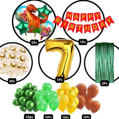 Scary Dinosaur Theme 7th Birthday Party Decoration-53Pcs Combo -40pc Multicolor Balloons, 4pc Confetti Balloons, 1 Scary Dinosaur Foil Balloons set of 5, 1 Happy Birthday Banner, 2pc Green curtains, No.7 Foil Balloon (7th Birthday)