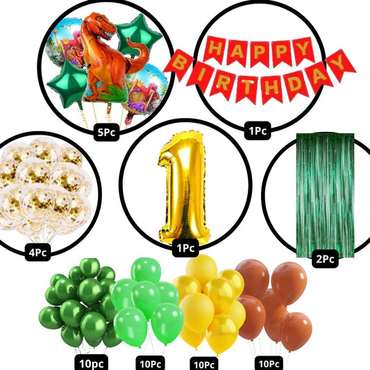 Scary Dinosaur Theme 1st Birthday Party Decoration-53Pcs Combo 40pc Multicolor Balloons, 4pc Confetti Balloons, 1 Scary Dinosaur Foil Balloons set of 5, 1 Happy Birthday Banner, 2pc Green curtains, No.1 Foil Balloon (1st Birthday)