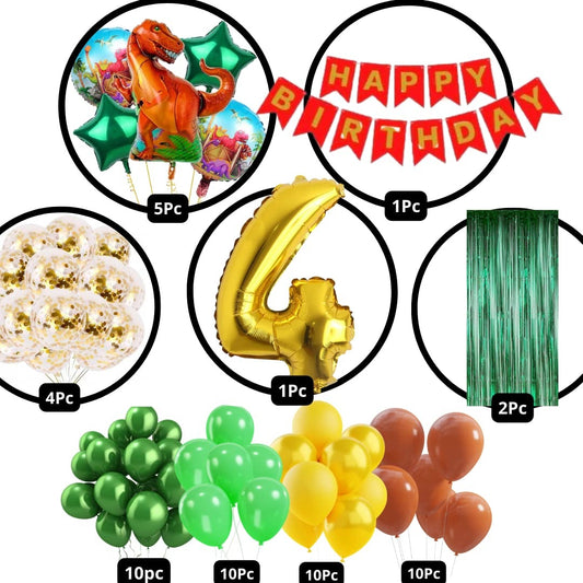 Scary Dinosaur Theme 4th Birthday Party Decoration-53Pcs Combo 40pc Multicolor Balloons, 4pc Confetti Balloons, 1 Scary Dinosaur Foil Balloons set of 5, 1 Happy Birthday Banner, 2pc Green curtains, No.4 Foil Balloon (4th Birthday)