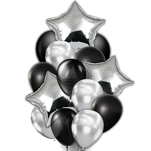 40Pc Silver Black Balloon Bouquet | Silver Birthday Decoration Items | Silver Heart Balloons | 25th Anniversary Decoration Items