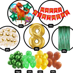 Scary Dinosaur Theme 8th Birthday Party Decoration-53Pcs Combo 40pc Multicolor Balloons, 4pc Confetti Balloons, 1 Scary Dinosaur Foil Balloons set of 5, 1 Happy Birthday Banner, 2pc Green curtains, No.8 Foil Balloon (8th Birthday)