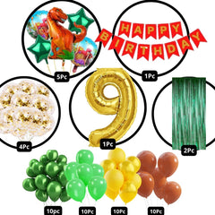 Scary Dinosaur Theme 9th Birthday Party Decoration-53Pcs Combo 40pc Multicolor Balloons, 4pc Confetti Balloons, 1 Scary Dinosaur Foil Balloons set of 5, 1 Happy Birthday Banner, 2pc Green curtains, No.9 Foil Balloon (9th Birthday)