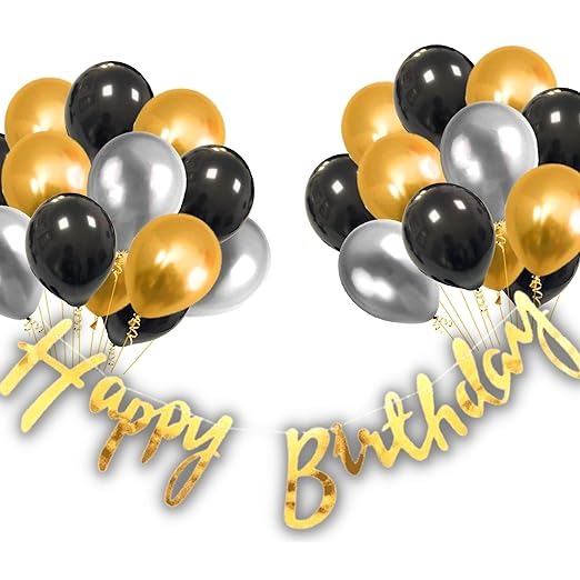 46Pc Gold, Black and Silver Birthday Combo - 1 Birthday Banner / Gold Birthday decoration Items / Adult, Kids Birthday decor (46Pc Gold, Black and Silver Birthday Combo)