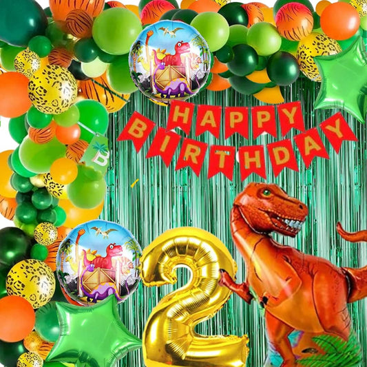 Scary Dinosaur Theme 2nd Birthday Party Decoration-53Pcs Combo 40pc Multicolor Balloons, 4pc Confetti Balloons, 1 Scary Dinosaur Foil Balloons set of 5, 1 Happy Birthday Banner, 2pc Green curtains, No.2 Foil Balloon (2nd Birthday)