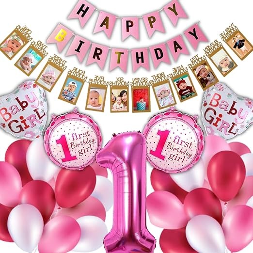 First Birthday Decorations for Girls, Kids, - Pink 1st Birthday Decorations for Girls - 1st Birthday Theme Decoration Combo - 1st Birthday Party Supplies for Girls